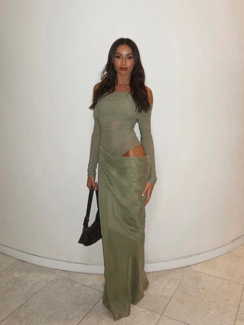 Benni Yasmin Off The Shoulder Mesh Maxi Dress Pistachio Green